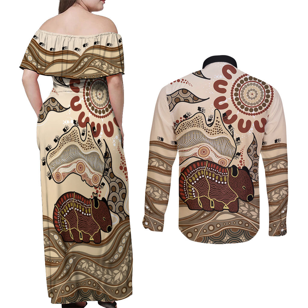 Australia Wombat Couples Matching Off Shoulder Maxi Dress and Long Sleeve Button Shirt Aussie Map Aboriginal Pattern