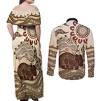 Australia Wombat Couples Matching Off Shoulder Maxi Dress and Long Sleeve Button Shirt Aussie Map Aboriginal Pattern