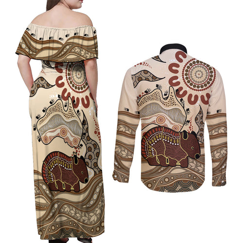 Australia Wombat Couples Matching Off Shoulder Maxi Dress and Long Sleeve Button Shirt Aussie Map Aboriginal Pattern