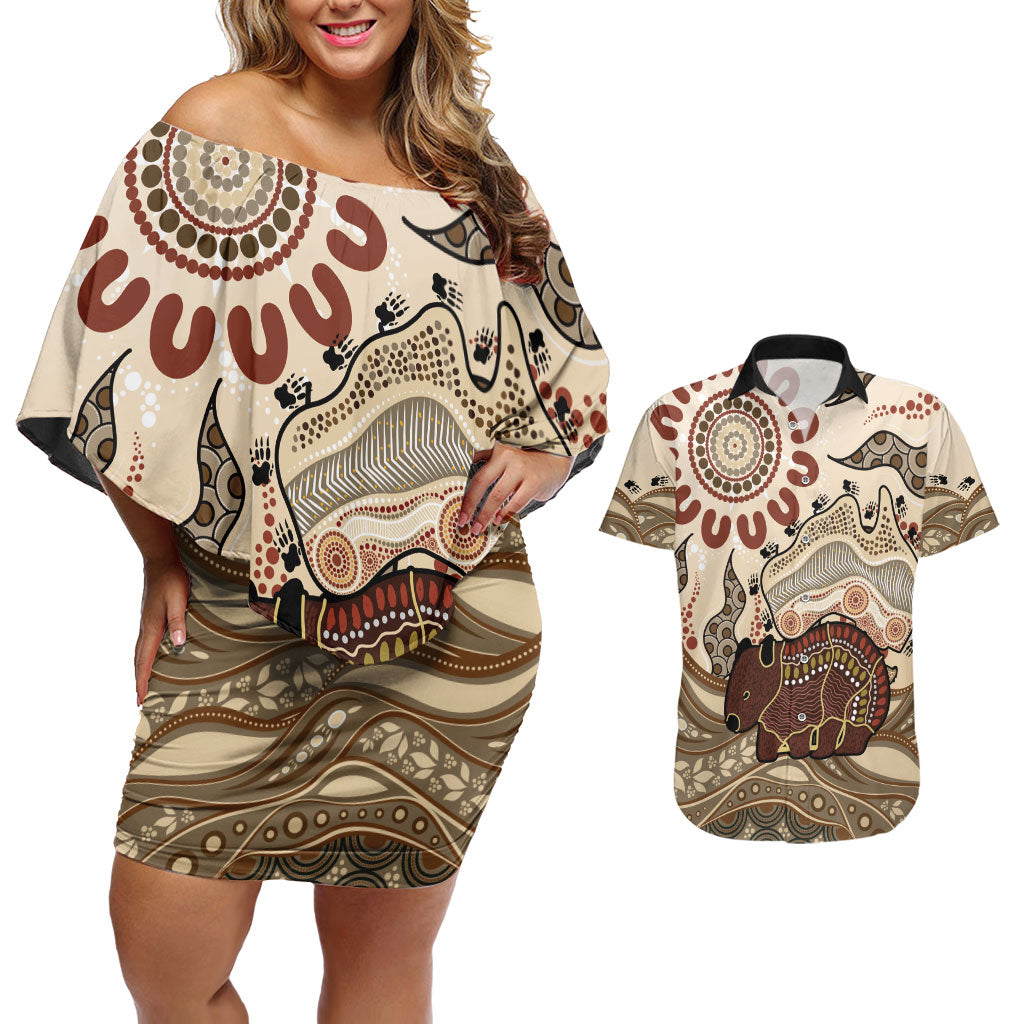 Australia Wombat Couples Matching Off Shoulder Short Dress and Hawaiian Shirt Aussie Map Aboriginal Pattern