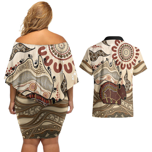 Australia Wombat Couples Matching Off Shoulder Short Dress and Hawaiian Shirt Aussie Map Aboriginal Pattern