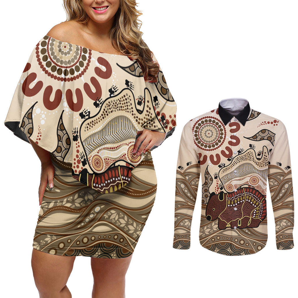 Australia Wombat Couples Matching Off Shoulder Short Dress and Long Sleeve Button Shirt Aussie Map Aboriginal Pattern