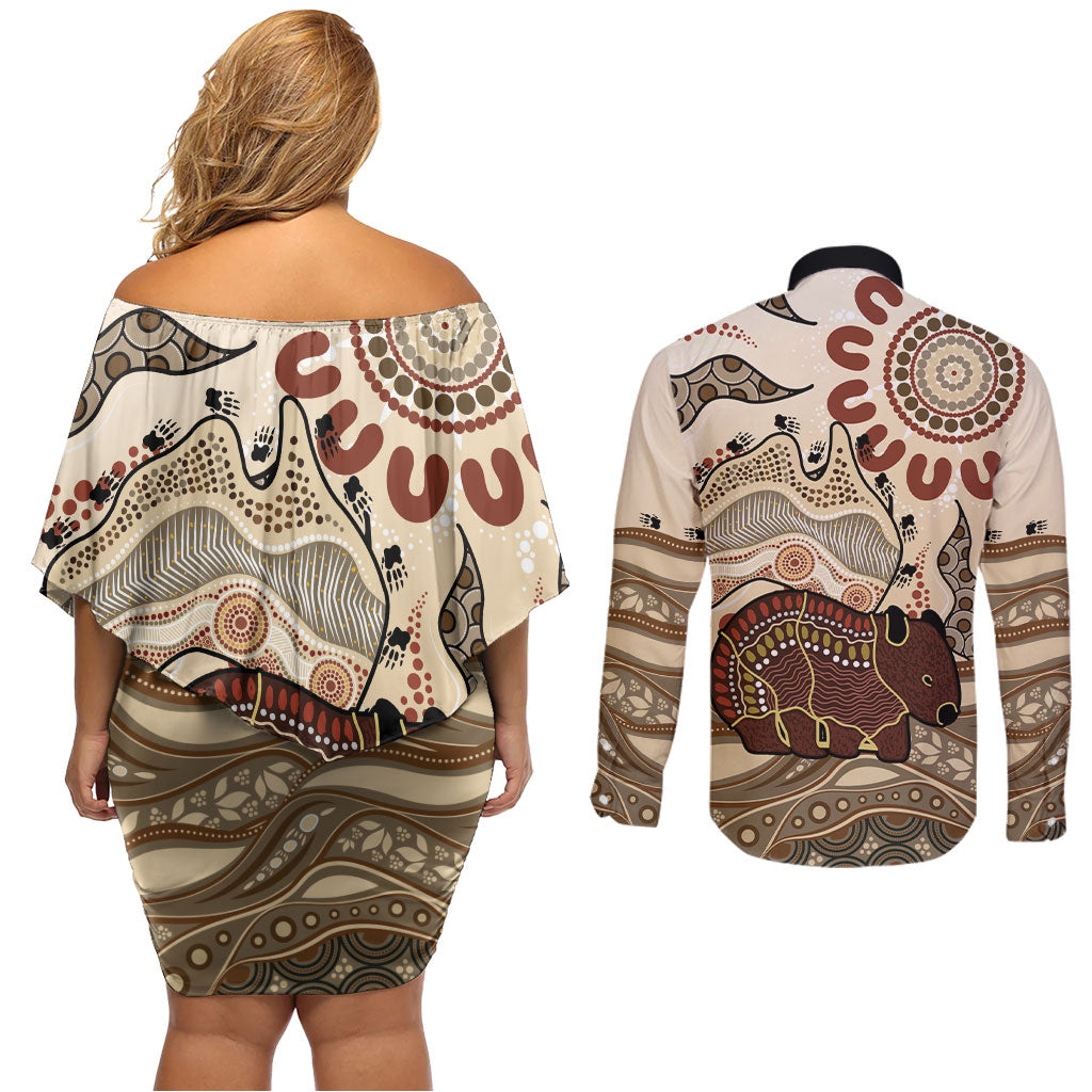 Australia Wombat Couples Matching Off Shoulder Short Dress and Long Sleeve Button Shirt Aussie Map Aboriginal Pattern