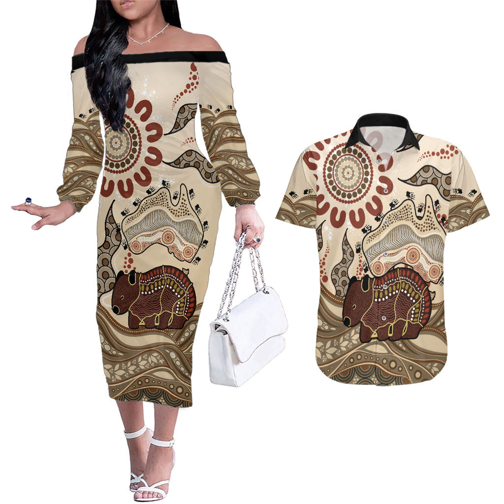 Australia Wombat Couples Matching Off The Shoulder Long Sleeve Dress and Hawaiian Shirt Aussie Map Aboriginal Pattern