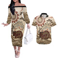 Australia Wombat Couples Matching Off The Shoulder Long Sleeve Dress and Hawaiian Shirt Aussie Map Aboriginal Pattern