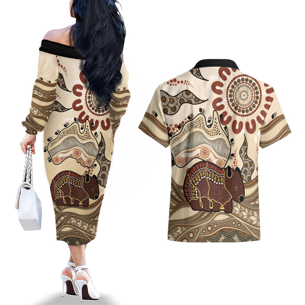 Australia Wombat Couples Matching Off The Shoulder Long Sleeve Dress and Hawaiian Shirt Aussie Map Aboriginal Pattern