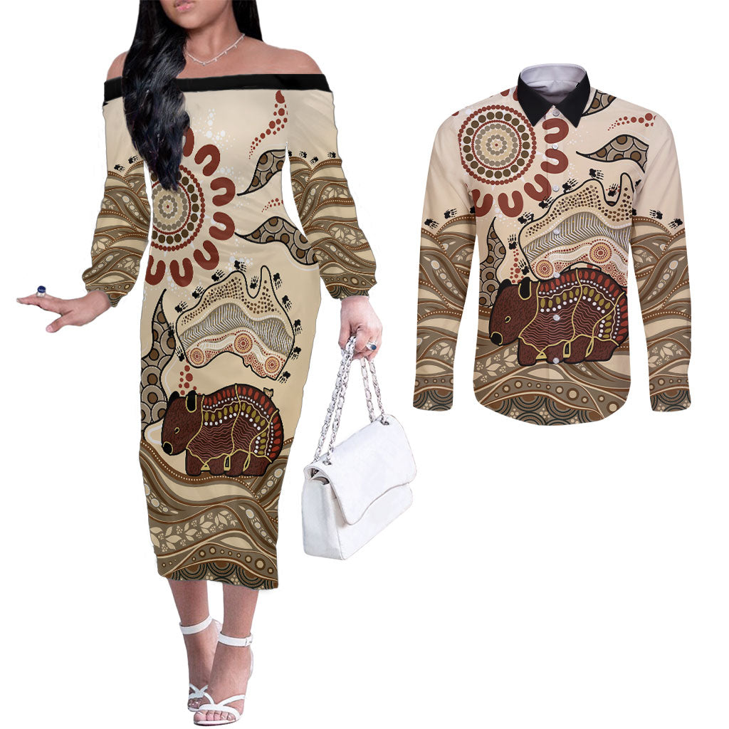 Australia Wombat Couples Matching Off The Shoulder Long Sleeve Dress and Long Sleeve Button Shirt Aussie Map Aboriginal Pattern