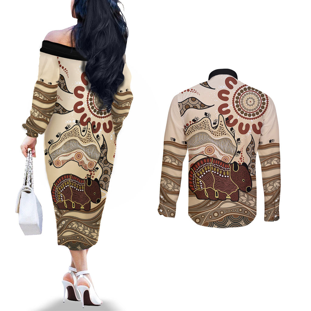 Australia Wombat Couples Matching Off The Shoulder Long Sleeve Dress and Long Sleeve Button Shirt Aussie Map Aboriginal Pattern