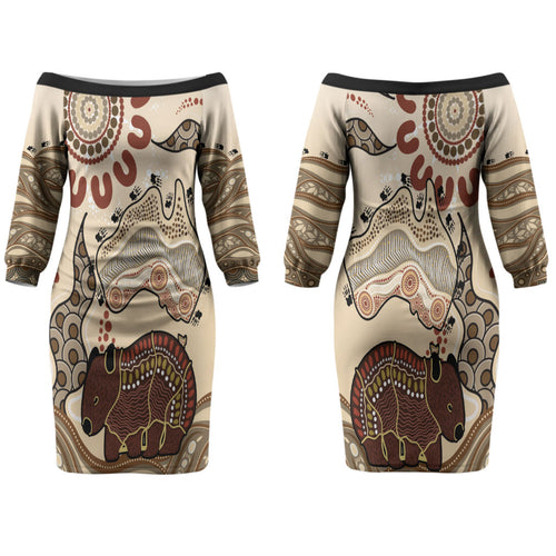 Australia Wombat Couples Matching Off The Shoulder Long Sleeve Dress and Long Sleeve Button Shirt Aussie Map Aboriginal Pattern LT22