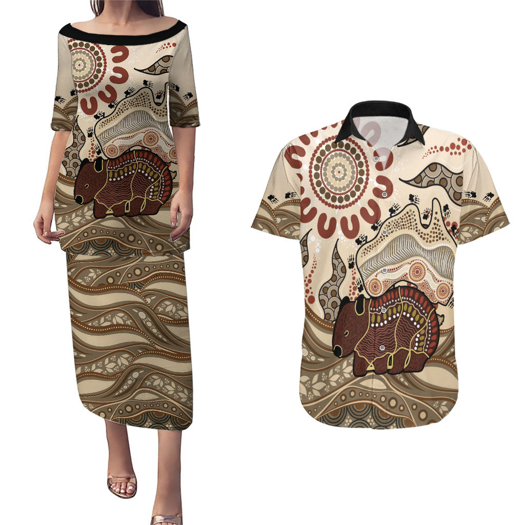 Australia Wombat Couples Matching Puletasi and Hawaiian Shirt Aussie Map Aboriginal Pattern