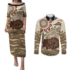 Australia Wombat Couples Matching Puletasi and Long Sleeve Button Shirt Aussie Map Aboriginal Pattern