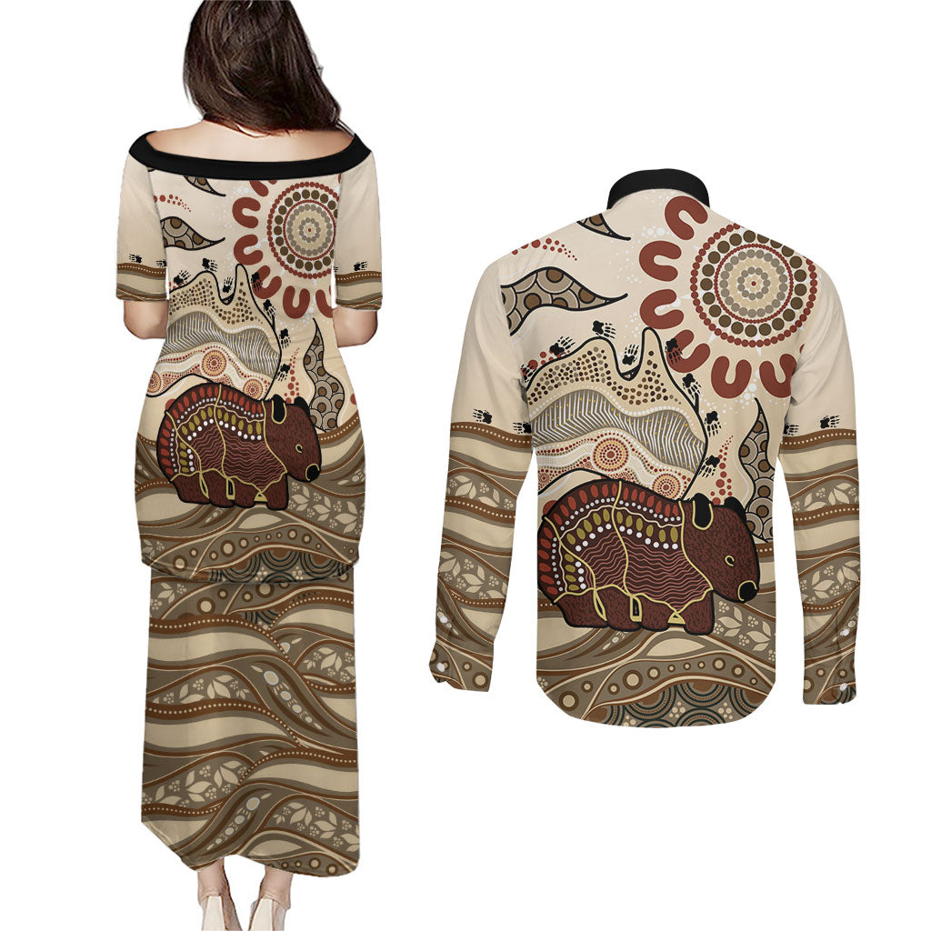 Australia Wombat Couples Matching Puletasi and Long Sleeve Button Shirt Aussie Map Aboriginal Pattern