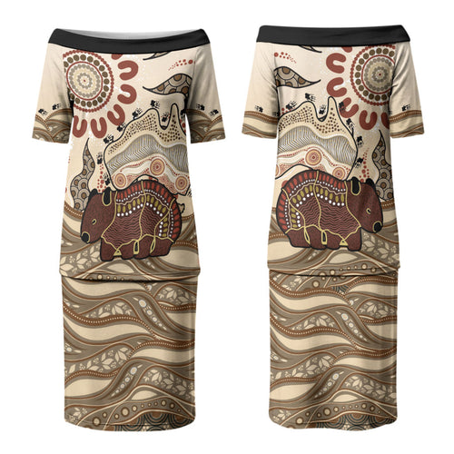 Australia Wombat Couples Matching Puletasi and Long Sleeve Button Shirt Aussie Map Aboriginal Pattern LT22