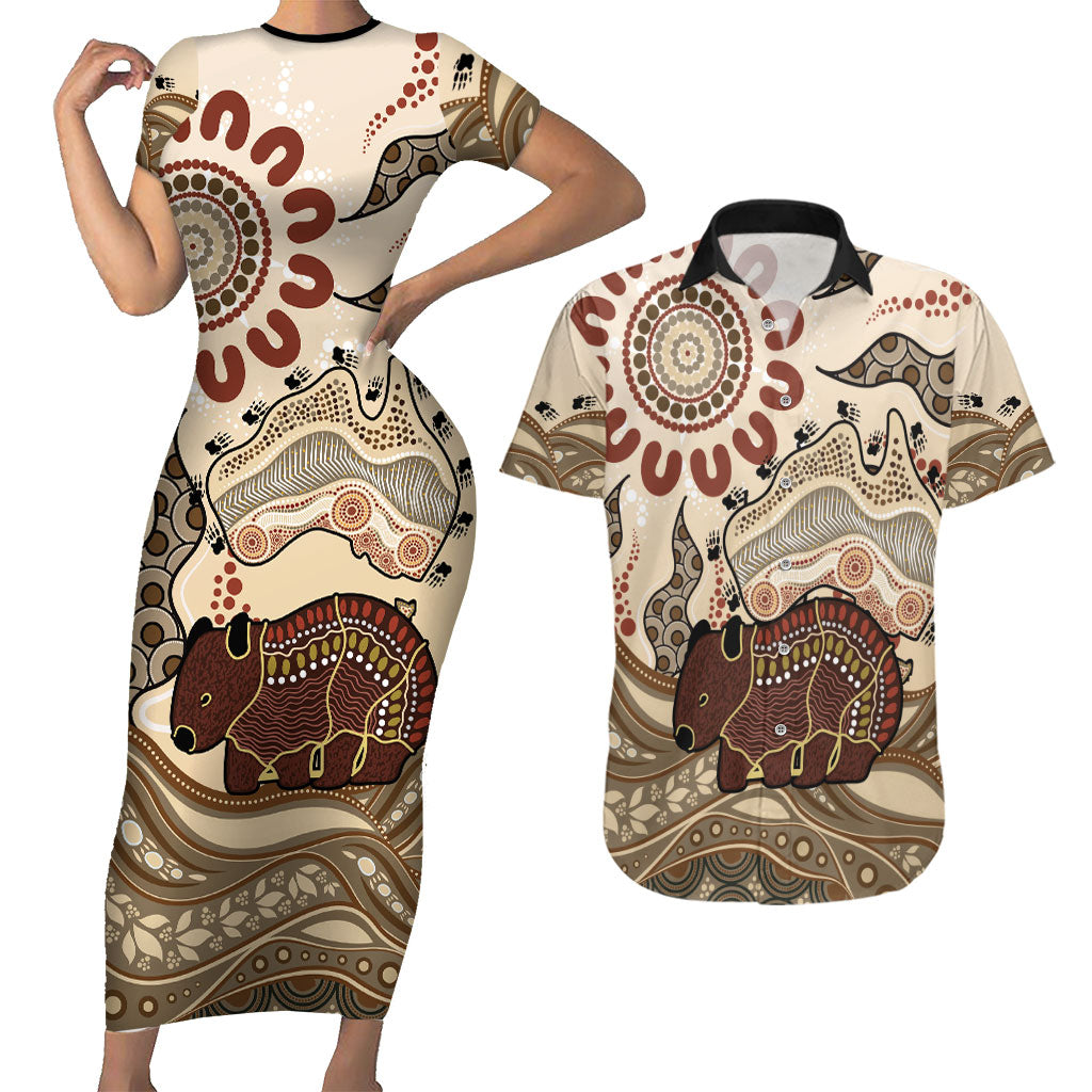 Australia Wombat Couples Matching Short Sleeve Bodycon Dress and Hawaiian Shirt Aussie Map Aboriginal Pattern