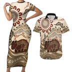 Australia Wombat Couples Matching Short Sleeve Bodycon Dress and Hawaiian Shirt Aussie Map Aboriginal Pattern