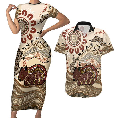 Australia Wombat Couples Matching Short Sleeve Bodycon Dress and Hawaiian Shirt Aussie Map Aboriginal Pattern