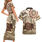 Australia Wombat Couples Matching Short Sleeve Bodycon Dress and Hawaiian Shirt Aussie Map Aboriginal Pattern