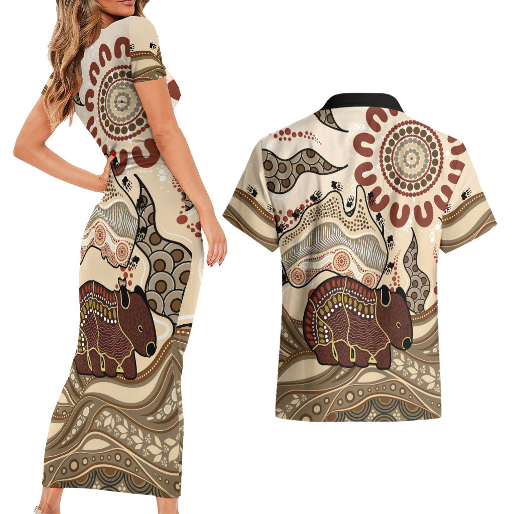 Australia Wombat Couples Matching Short Sleeve Bodycon Dress and Hawaiian Shirt Aussie Map Aboriginal Pattern