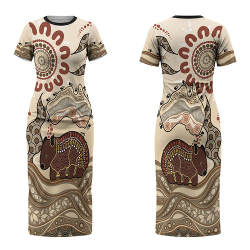 Australia Wombat Couples Matching Short Sleeve Bodycon Dress and Hawaiian Shirt Aussie Map Aboriginal Pattern LT22