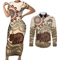 Australia Wombat Couples Matching Short Sleeve Bodycon Dress and Long Sleeve Button Shirt Aussie Map Aboriginal Pattern