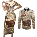 Australia Wombat Couples Matching Short Sleeve Bodycon Dress and Long Sleeve Button Shirt Aussie Map Aboriginal Pattern