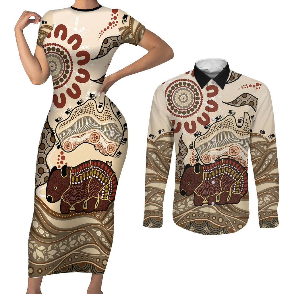 Australia Wombat Couples Matching Short Sleeve Bodycon Dress and Long Sleeve Button Shirt Aussie Map Aboriginal Pattern