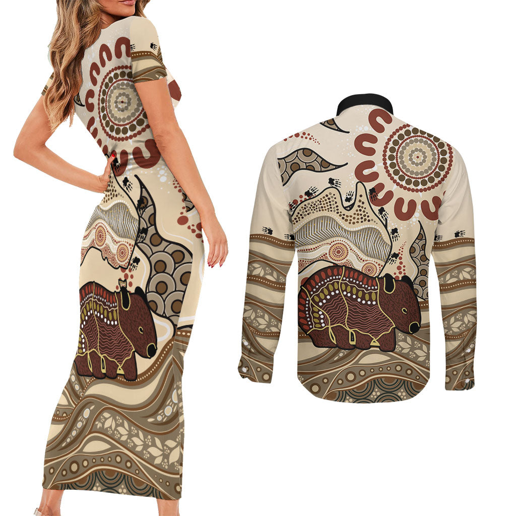 Australia Wombat Couples Matching Short Sleeve Bodycon Dress and Long Sleeve Button Shirt Aussie Map Aboriginal Pattern