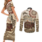 Australia Wombat Couples Matching Short Sleeve Bodycon Dress and Long Sleeve Button Shirt Aussie Map Aboriginal Pattern