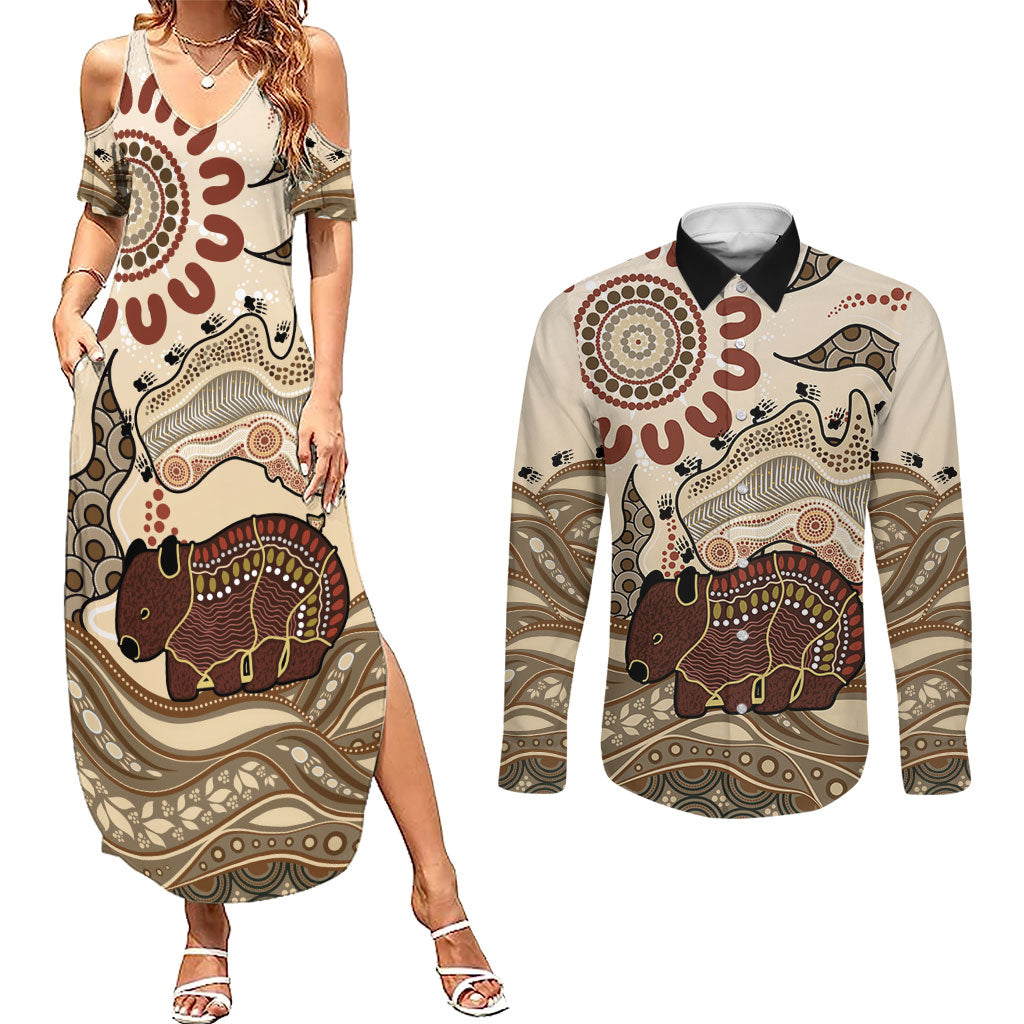 Australia Wombat Couples Matching Summer Maxi Dress and Long Sleeve Button Shirt Aussie Map Aboriginal Pattern