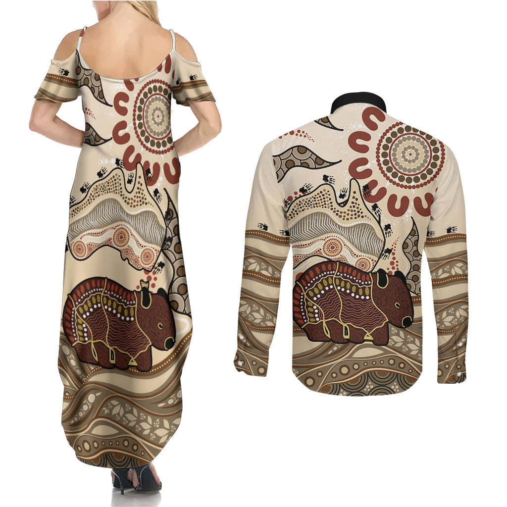 Australia Wombat Couples Matching Summer Maxi Dress and Long Sleeve Button Shirt Aussie Map Aboriginal Pattern
