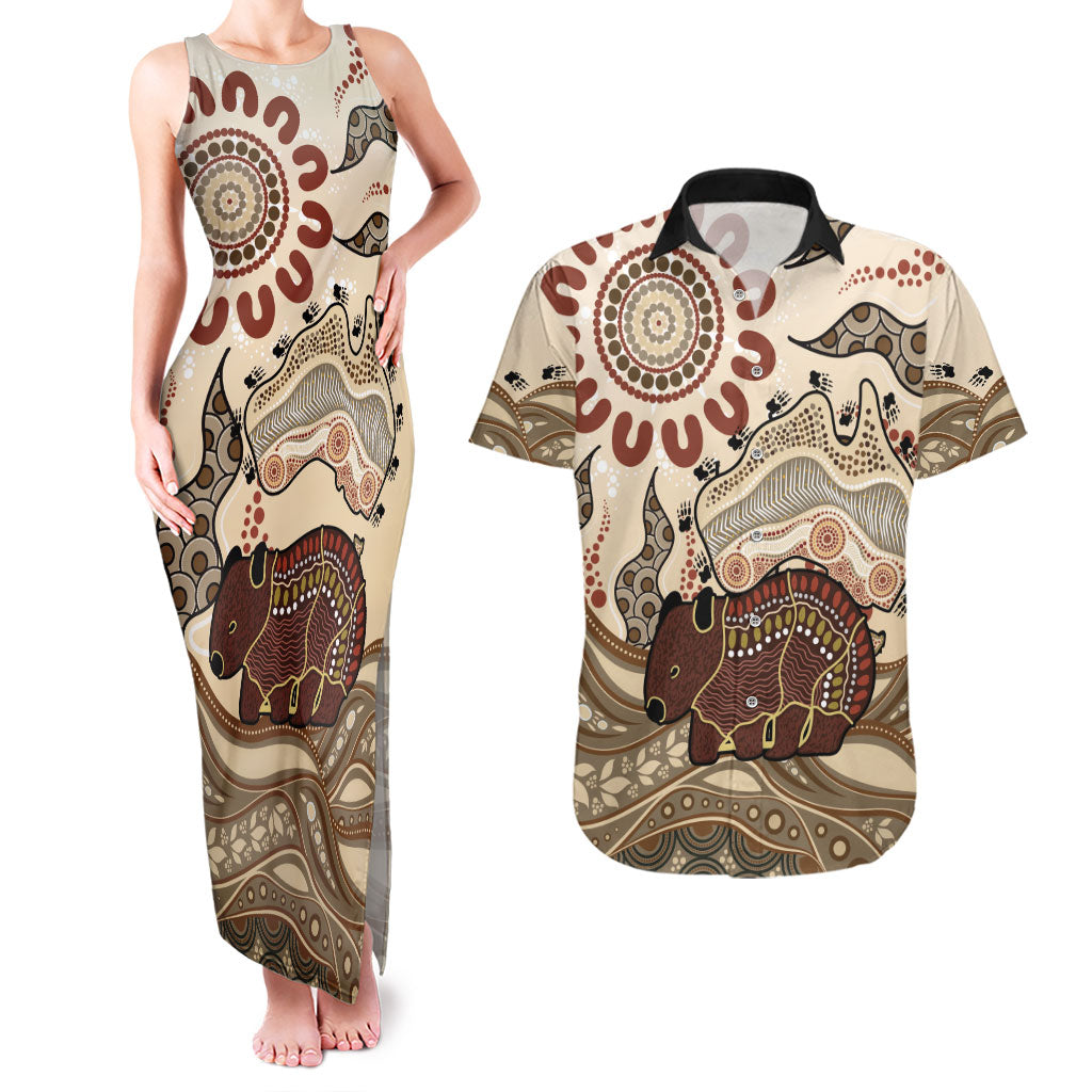 Australia Wombat Couples Matching Tank Maxi Dress and Hawaiian Shirt Aussie Map Aboriginal Pattern