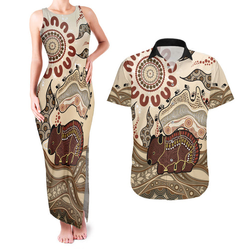 Australia Wombat Couples Matching Tank Maxi Dress and Hawaiian Shirt Aussie Map Aboriginal Pattern