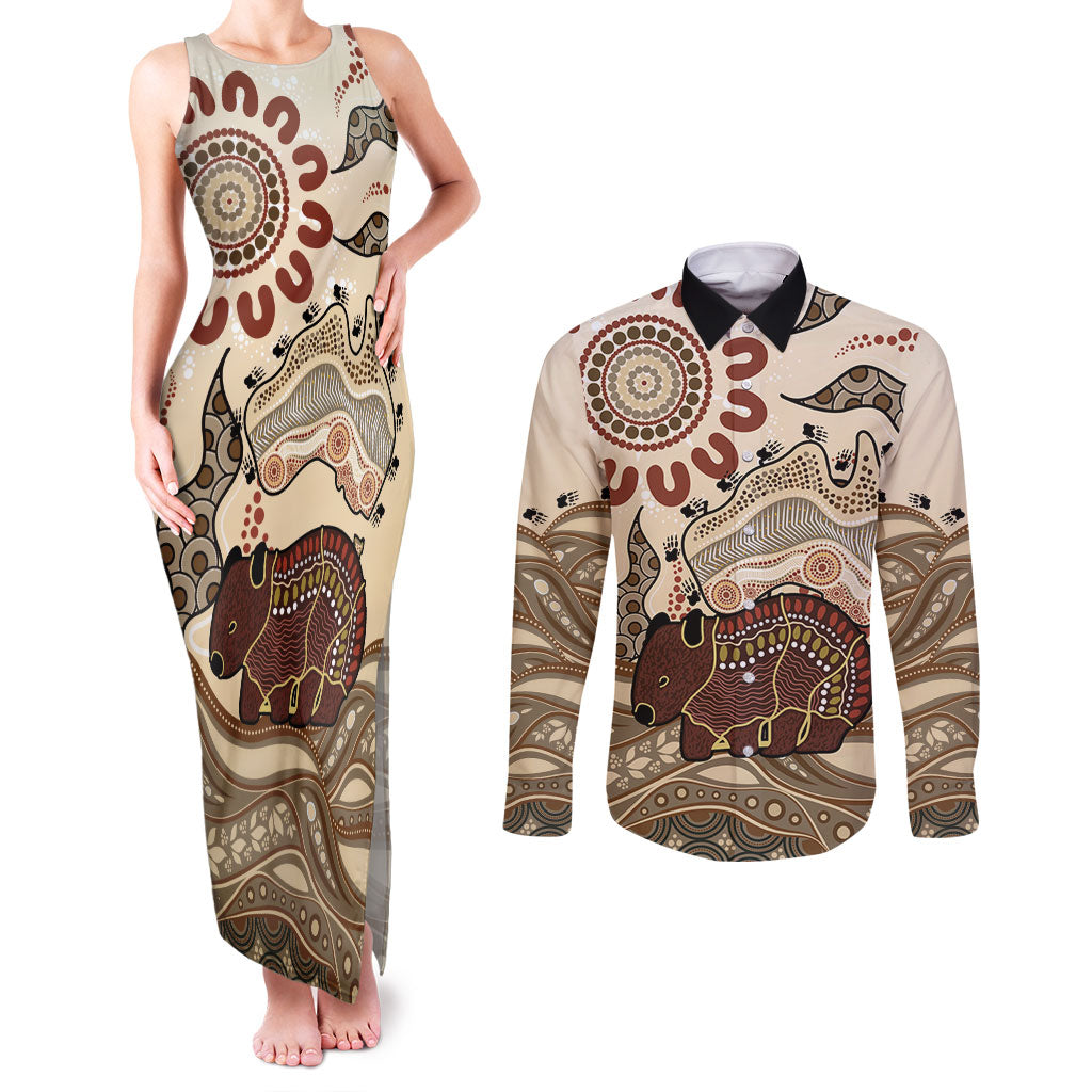 Australia Wombat Couples Matching Tank Maxi Dress and Long Sleeve Button Shirt Aussie Map Aboriginal Pattern