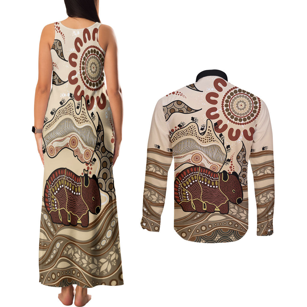 Australia Wombat Couples Matching Tank Maxi Dress and Long Sleeve Button Shirt Aussie Map Aboriginal Pattern