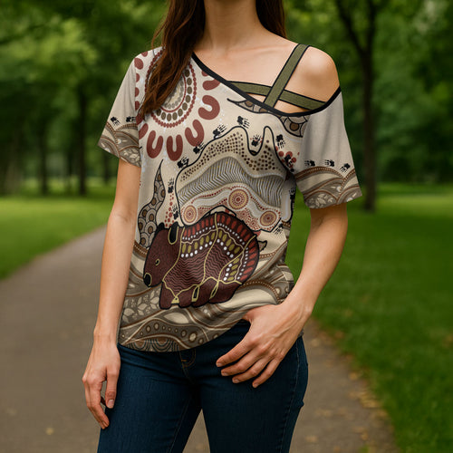 Australia Wombat Cross Shoulder Shirt Aussie Map Aboriginal Pattern