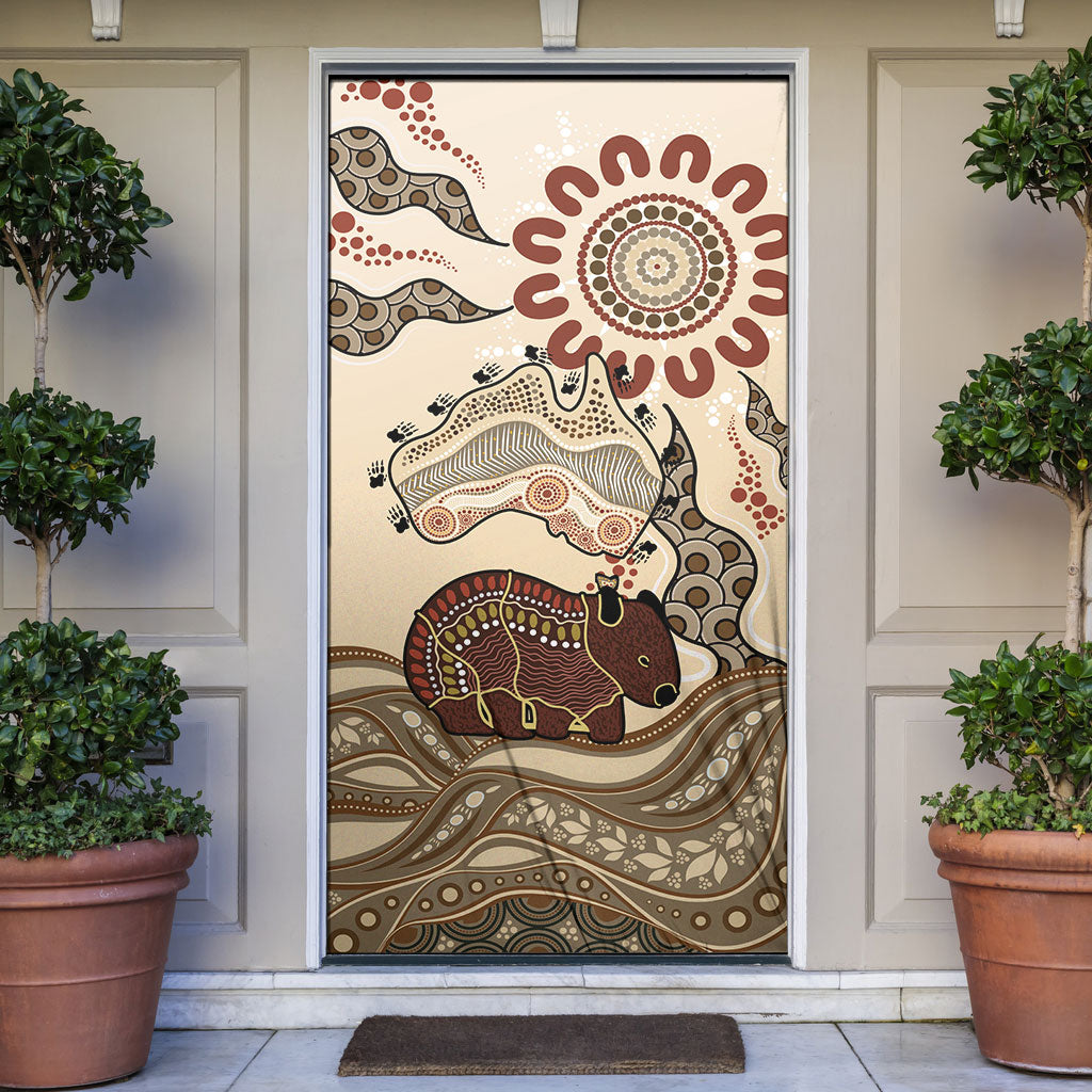 Australia Wombat Door Cover Aussie Map Aboriginal Pattern