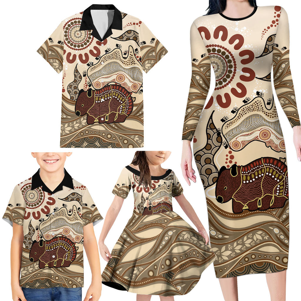 Australia Wombat Family Matching Long Sleeve Bodycon Dress and Hawaiian Shirt Aussie Map Aboriginal Pattern