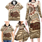 Australia Wombat Family Matching Long Sleeve Bodycon Dress and Hawaiian Shirt Aussie Map Aboriginal Pattern