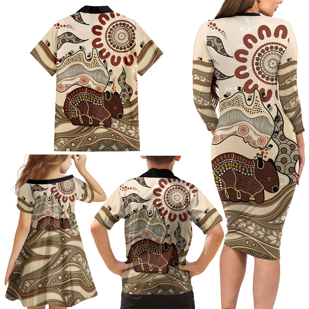 Australia Wombat Family Matching Long Sleeve Bodycon Dress and Hawaiian Shirt Aussie Map Aboriginal Pattern