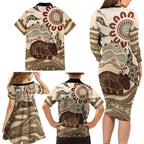 Australia Wombat Family Matching Long Sleeve Bodycon Dress and Hawaiian Shirt Aussie Map Aboriginal Pattern