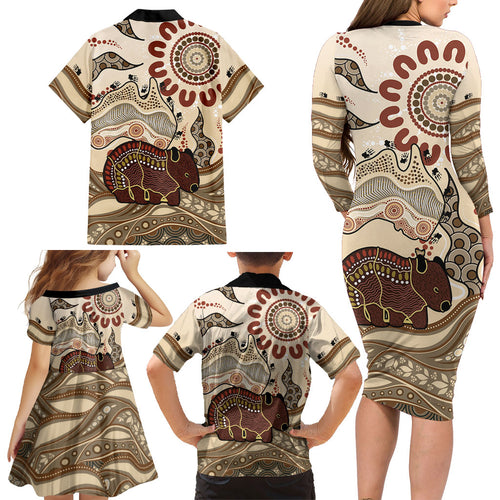 Australia Wombat Family Matching Long Sleeve Bodycon Dress and Hawaiian Shirt Aussie Map Aboriginal Pattern