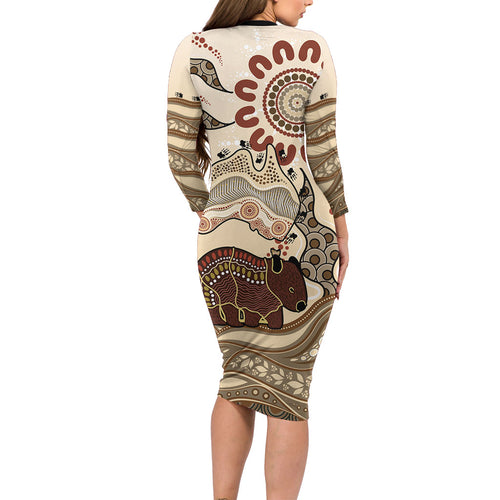 Australia Wombat Family Matching Long Sleeve Bodycon Dress and Hawaiian Shirt Aussie Map Aboriginal Pattern