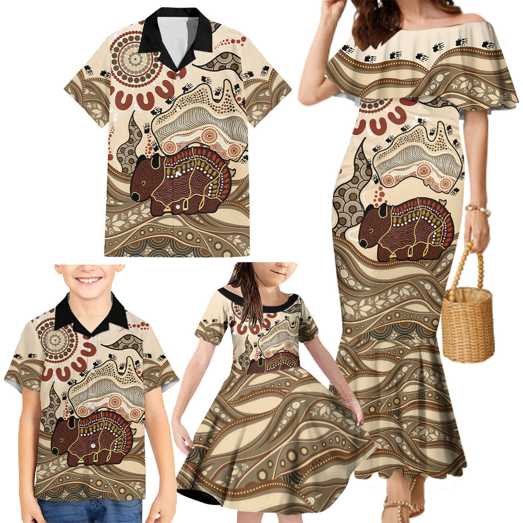 Australia Wombat Family Matching Mermaid Dress and Hawaiian Shirt Aussie Map Aboriginal Pattern