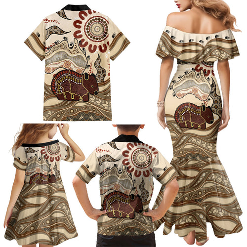 Australia Wombat Family Matching Mermaid Dress and Hawaiian Shirt Aussie Map Aboriginal Pattern