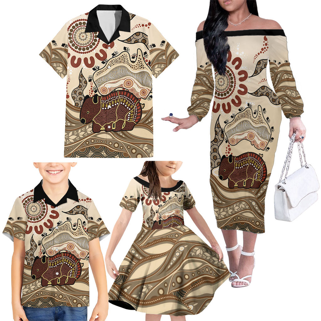 Australia Wombat Family Matching Off The Shoulder Long Sleeve Dress and Hawaiian Shirt Aussie Map Aboriginal Pattern