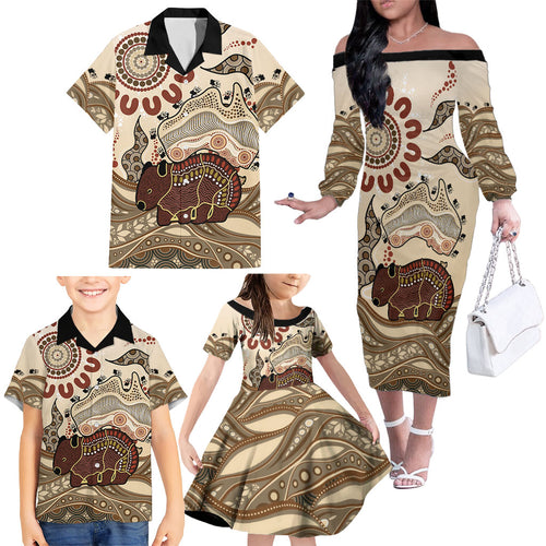 Australia Wombat Family Matching Off The Shoulder Long Sleeve Dress and Hawaiian Shirt Aussie Map Aboriginal Pattern