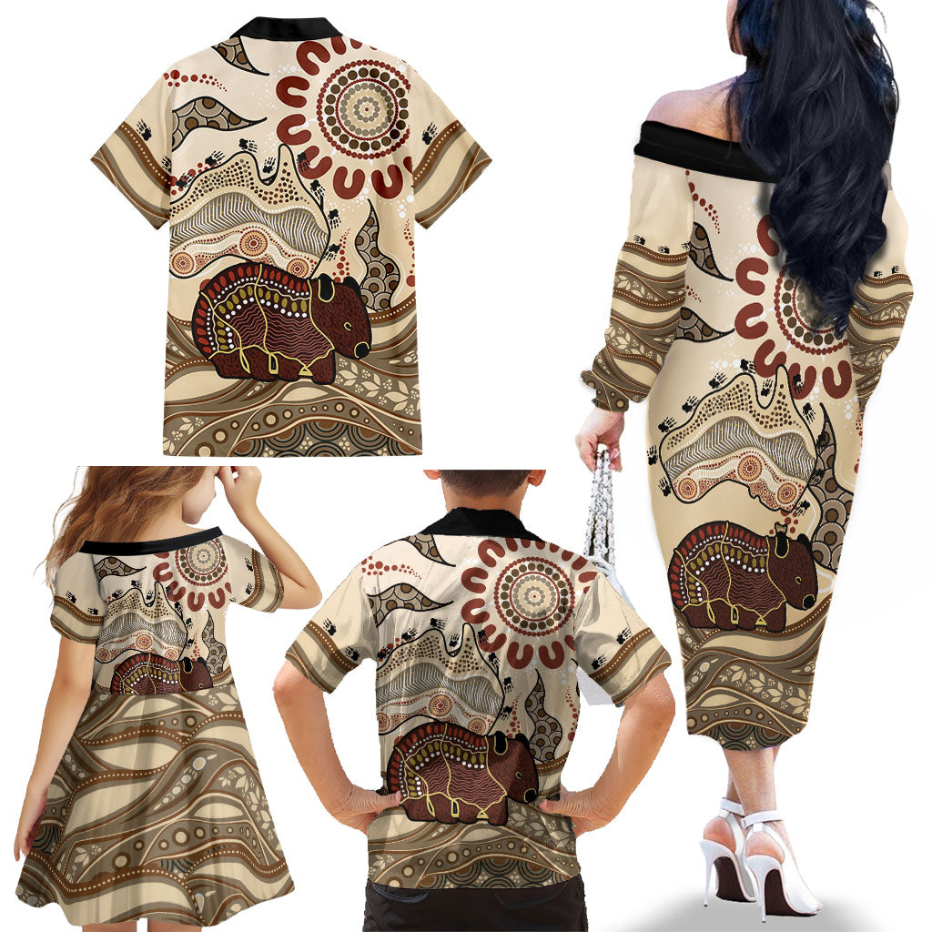 Australia Wombat Family Matching Off The Shoulder Long Sleeve Dress and Hawaiian Shirt Aussie Map Aboriginal Pattern