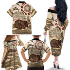 Australia Wombat Family Matching Off The Shoulder Long Sleeve Dress and Hawaiian Shirt Aussie Map Aboriginal Pattern