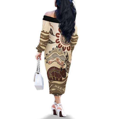 Australia Wombat Family Matching Off The Shoulder Long Sleeve Dress and Hawaiian Shirt Aussie Map Aboriginal Pattern
