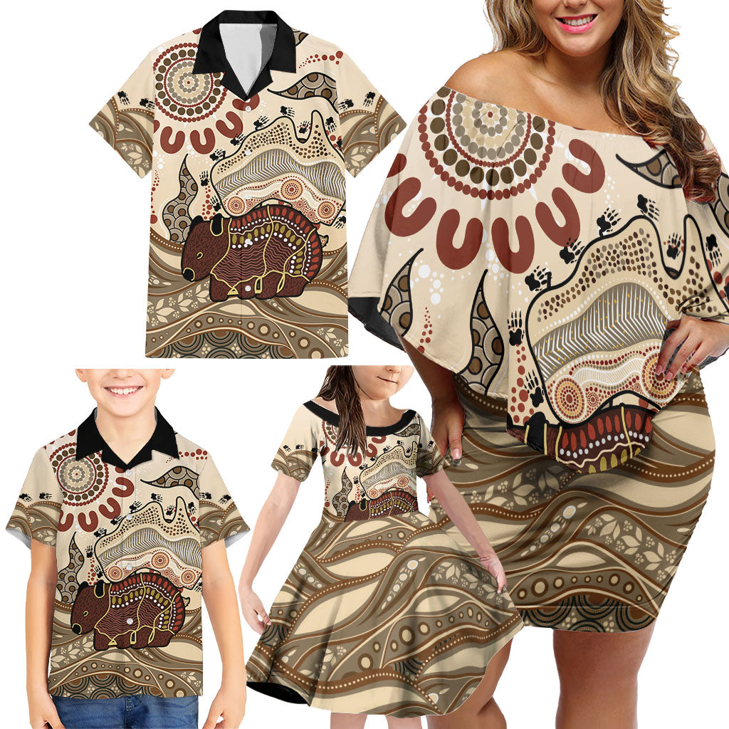 Australia Wombat Family Matching Off Shoulder Short Dress and Hawaiian Shirt Aussie Map Aboriginal Pattern